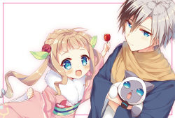 Rule 34 | 1boy, 1girl, :d, animal, blue eyes, blush, brown scarf, candy apple, cat, child, commentary request, elle mel marta, flower, food, fur collar, hair between eyes, hair flower, hair ornament, haori, highres, holding, holding food, japanese clothes, kimono, light brown hair, long hair, long sleeves, looking at viewer, ludger will kresnik, natsuki marina, obi, open mouth, pinching sleeves, pink kimono, red flower, red rose, rollo (tales), rose, sash, scarf, sidelocks, silver hair, smile, tales of (series), tales of xillia, tales of xillia 2, twintails, very long hair, white background, wide sleeves