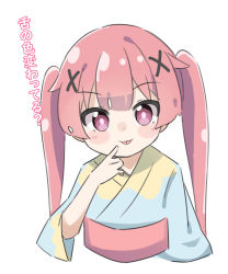 Rule 34 | 1girl, :p, blue kimono, blush stickers, child, closed mouth, commentary request, cropped torso, hair ornament, hand up, highres, japanese clothes, kapuru 0410, kimono, long hair, long sleeves, looking at viewer, obi, pink hair, purple eyes, sash, simple background, smile, solo, tanemura koyori, tongue, tongue out, translation request, twintails, upper body, very long hair, watashi ni tenshi ga maiorita!, white background, wide sleeves, x hair ornament, yukata