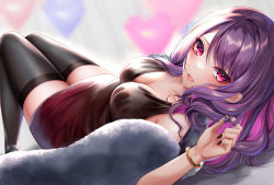Rule 34 | 1girl, absurdres, bare shoulders, black dress, black nails, black thighhighs, blurry, blurry background, blush, bracelet, breasts, cleavage, dress, gundou mirei, highres, jewelry, large breasts, lips, long hair, looking at viewer, lying, nail polish, nijisanji, on back, parted lips, purple eyes, purple hair, rai (newtype xm-x1), smile, thighhighs, thighs, virtual youtuber