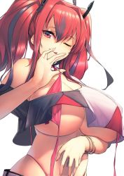 Rule 34 | 1girl, azur lane, bare shoulders, belt, bikini, bikini pull, bracelet, breasts, bremerton (azur lane), closed mouth, clothes pull, commentary request, crop top, crop top overhang, hair between eyes, headgear, highres, itaco, jewelry, large breasts, licking lips, long hair, midriff, multicolored hair, navel, navel piercing, one eye closed, piercing, red-tinted eyewear, red bikini, red eyes, red hair, shorts, strap pull, streaked hair, swimsuit, tinted eyewear, tongue, tongue out, two side up, underboob, white belt