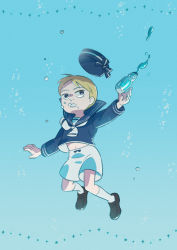 Rule 34 | 1boy, air bubble, alternate costume, black eyes, black footwear, blonde hair, blue hat, blue sailor collar, blue shirt, bottle, bubble, commentary request, daida, freediving, hat, long sleeves, looking up, male focus, navel, nikomi (nikomix), ousama ranking, outstretched arms, pointy nose, sailor collar, shirt, shoes, short hair, shorts, socks, solo, underwater, white shorts, white socks