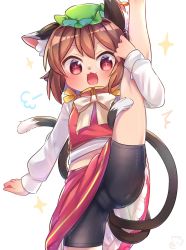 Rule 34 | + +, 1girl, :3, animal ear fluff, animal ears, bike shorts, blush, breasts, brown hair, cat ears, cat tail, chen, chinese clothes, crop top, earrings, fang, feet out of frame, gleam, green hat, happy, hat, highres, holding leg, ibaraki natou, jewelry, kneepits, looking at viewer, medium hair, mob cap, multiple tails, navel, nekomata, one eye closed, open mouth, red eyes, red skirt, shiny skin, sidelocks, single earring, skirt, sleeveless, small breasts, smile, solo, sparkling eyes, split, standing, standing on one leg, standing split, stomach, tail, touhou, two tails, v-shaped eyebrows, white background