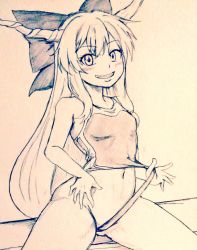 Rule 34 | 1girl, breasts, clothes lift, commentary request, d-m (dii emu), eyelashes, greyscale, horns, ibuki suika, long hair, looking at viewer, midriff, monochrome, navel, one-piece swimsuit, oni horns, sitting, small breasts, stomach, swimsuit, touhou, traditional media