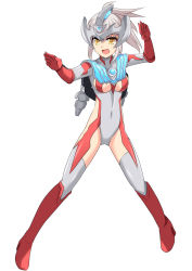 Rule 34 | 1girl, armor, blue armor, bodysuit, boots, bracelet, breasts, cross (crossryou), gloves, grey bodysuit, headpiece, high heels, jewelry, charm (object), knee boots, long hair, looking at viewer, medium breasts, open mouth, personification, ponytail, red bodysuit, red footwear, red gloves, silver hair, smile, standing, taiga spark, ultra series, ultra taiga accessory, ultraman taiga, ultraman taiga (series), white background, yellow eyes