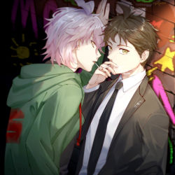 Rule 34 | 2boys, ahoge, arm at side, arm up, black jacket, black neckwear, brick wall, brown eyes, brown hair, cigarette, cigarette kiss, commentary request, danganronpa (series), danganronpa 2: goodbye despair, dutch angle, green jacket, grey hair, hand up, hinata hajime, hood, hood down, hooded jacket, hoodie, jacket, kabedon, komaeda nagito, long sleeves, looking at viewer, male focus, meipoi, multiple boys, necktie, official alternate costume, open clothes, open jacket, open mouth, profile, shirt, short hair, sideways glance, star (symbol), star print, sun print, upper body, yellow eyes