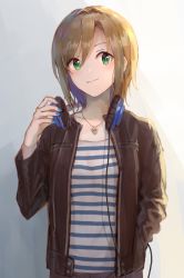 Rule 34 | 1girl, akii, blue nails, brown hair, brown jacket, cable, closed mouth, collarbone, gradient background, green eyes, grey background, hand in pocket, head tilt, headphones, headphones around neck, idolmaster, idolmaster cinderella girls, jacket, jewelry, long sleeves, looking at viewer, nail polish, necktie, open clothes, open jacket, pendant, shirt, short hair, smile, solo, striped clothes, striped shirt, tada riina, tareme, upper body