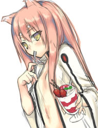 Rule 34 | 1girl, animal ears, bad id, bad pixiv id, blazblue, blush, breasts, cat ears, coat, cocktail glass, cup, drinking glass, eyebrows, facial mark, facing away, fingernails, food, forehead mark, fruit, glasses, hair between eyes, hair down, highres, hime gyo, holding, holding cup, holding drinking glass, holding spoon, kokonoe (blazblue), lab coat, leaf, long hair, long sleeves, looking at viewer, midriff, naked coat, navel, open clothes, open coat, parfait, pince-nez, pink hair, simple background, sketch, small breasts, solo, spoon, stomach, straight hair, strawberry, tsurime, utensil in mouth, wafer stick, white background, white coat, wide sleeves, wine glass, yellow eyes