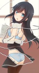 Rule 34 | 1girl, asashio (kancolle), ass, black dress, black hair, blue bra, blue eyes, blue panties, blurry, blurry background, bra, breasts, brown pantyhose, cowboy shot, depth of field, dress, hair between eyes, head tilt, holding, indoors, jacket, kantai collection, long hair, long sleeves, looking at viewer, looking to the side, nagami yuu, page tear, panties, pantyhose, paper stack, parted lips, pleated skirt, revealing layer, skirt, small breasts, solo, underwear, very long hair, white jacket, window