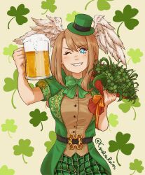 Rule 34 | 1girl, absurdres, artist name, aurora (cynicalruins), beer mug, belt, blue eyes, bouquet, bow, bowtie, breasts, bright pupils, clover, commentary, cup, english commentary, eunie (xenoblade), eyelashes, floral background, flower, glass, green bow, green bowtie, green flower, hat, head wings, highres, holding, holding bouquet, holding cup, large breasts, looking at viewer, mug, one eye closed, saint patrick&#039;s day, shamrock, smile, solo, star-shaped pupils, star (symbol), swept bangs, symbol-shaped pupils, teeth, top hat, twitter username, white pupils, wings, xenoblade chronicles (series), xenoblade chronicles 3