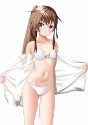 Rule 34 | 1girl, amano miyako, blush, bow, bow bra, bra, breasts, brown eyes, brown hair, collarbone, commentary request, cowboy shot, fumizuki (kancolle), kantai collection, looking at viewer, navel, open clothes, open shirt, panties, ponytail, shirt partially removed, simple background, small breasts, solo, underwear, wavy mouth, white background, white bra, white panties