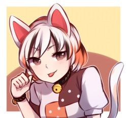 Rule 34 | 1girl, :p, animal ears, bell, bracelet, brown eyes, cat ears, cat girl, cat tail, commentary, english commentary, goutokuji mike, jewelry, looking at viewer, maneki-neko, multicolored hair, neck bell, paw pose, short hair, slit pupils, solo, speckticuls, tail, tongue, tongue out, touhou, unconnected marketeers