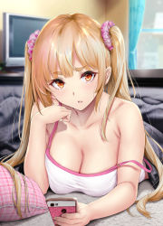 Rule 34 | 1girl, bare shoulders, blonde hair, breasts, brown eyes, cellphone, cleavage, collarbone, commentary request, gentsuki, highres, kotatsu, large breasts, long hair, looking at viewer, original, parted lips, phone, red eyes, scrunchie, smartphone, solo, strap slip, table, television, thick eyebrows, twintails