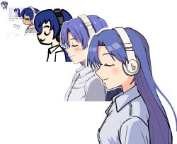 1girl absurdres beats_by_dr._dre blue_hair blue_shirt blush borrowed_inset closed_eyes closed_mouth collared_shirt from_side headphones highres idolmaster idolmaster_(classic) kisaragi_chihaya long_hair multiple_views portrait reference_inset shirt simple_background smile tars_(bb44729315) twitter_screenshot white_background