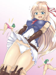 Rule 34 | 3girls, aqua eyes, arisa (shadowverse), ass, bare shoulders, belt, blonde hair, blue shirt, blush, boots, breasts, brown footwear, brown gloves, cameltoe, clothes lift, covered navel, dress, dress lift, dutch angle, elbow gloves, elf, embarrassed, fairy, fairy wings, female focus, from below, gloves, gradient background, green hair, hair bun, hair ribbon, hair tie, knees together feet apart, koppamu, legs together, long hair, looking down, medium breasts, mini person, minigirl, multiple girls, nose blush, open mouth, panties, pink background, pink dress, pointy ears, ponytail, red neckwear, red ribbon, ribbon, shadowverse, shiny skin, shirt, short dress, simple background, single hair bun, skirt, skirt lift, sleeveless, sleeveless shirt, solo focus, standing, strapless, strapless dress, thigh boots, thighhighs, underwear, upskirt, white dress, white panties, wings