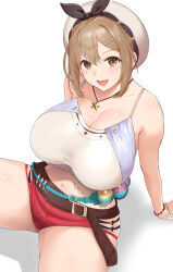 Rule 34 | 1girl, atelier (series), atelier ryza, atelier ryza 1, bare shoulders, belt, beret, black ribbon, blush, breasts, brown eyes, brown hair, brown thighhighs, camisole, cleavage, collarbone, flask, hair ornament, hairclip, hat, highres, jewelry, large breasts, looking at viewer, navel, necklace, open mouth, red shorts, reisalin stout, ribbon, round-bottom flask, shino (comic penguin club), short hair, short shorts, shorts, sitting, smile, solo, star (symbol), star necklace, test tube, thick thighs, thighhighs, thighs, white camisole, white hat