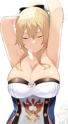 Rule 34 | 1boy, 2girls, ahoge, armpits, bare shoulders, black bow, blonde hair, bow, breasts, cleavage, closed eyes, genshin impact, hair bow, highres, jean (genshin impact), large breasts, multiple girls, okpriko, ponytail, simple background, sleeveless, strapless, sweat, upper body, v, white background, yellow eyes