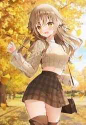 Rule 34 | 1girl, :d, aran sweater, autumn leaves, bag, blurry, blurry background, breasts, brown hair, brown skirt, brown sweater, brown thighhighs, cable knit, cowboy shot, crop top, crop top overhang, day, falling leaves, ginkgo leaf, hair ribbon, hand up, handbag, high-waist skirt, highres, holding, holding bag, leaf, long hair, long sleeves, looking at viewer, medium breasts, midriff, miniskirt, open mouth, orange eyes, original, outdoors, plaid, plaid skirt, ribbon, shirt, shoulder bag, skirt, smile, solo, standing, sweater, thighhighs, thighs, tree, undershirt, weri, white shirt, zettai ryouiki