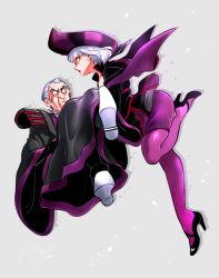 Rule 34 | 1boy, 1girl, black footwear, capelet, carrying, claude frollo, commentary request, constricted pupils, disney, disneyland, full body, grey background, hat, high heels, leg up, lipstick, looking at another, makeup, marimo (yousei ranbu), one man&#039;s dream ii, pantyhose, princess carry, purple pantyhose, purple skirt, recruiters (disney), robe, role reversal, short hair, silver hair, skirt, the hunchback of notre dame, tricorne, veil (disney)