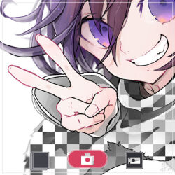 Rule 34 | 1boy, black scarf, camera phone, checkered clothes, checkered scarf, commentary request, danganronpa (series), danganronpa v3: killing harmony, dated, fang, fingernails, grin, hair between eyes, jacket, light particles, long sleeves, looking at viewer, lowres, male focus, oma kokichi, purple eyes, purple hair, scarf, short hair, signature, simple background, smile, solo, torn clothes, torn scarf, two-tone scarf, u u ki u u, unmoving pattern, upper body, v, white background, white jacket, white scarf, white sleeves