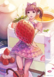 Rule 34 | 1girl, bow, brown hair, cake, chaang, dress, food, fork, fruit, hair bow, hair ornament, hair scrunchie, highres, holding, holding food, holding fruit, lips, mini person, minigirl, open mouth, original, pantyhose, pink dress, purple hair, scrunchie, side ponytail, solo, standing, standing on one leg, strawberry, teapot