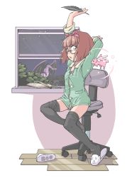 Rule 34 | 1girl, arm behind head, arm up, black thighhighs, bookmark, bow, breasts, brown hair, cardcaptor sakura, chair, dragon, glasses, hair bow, highres, horns, jarv, looking at viewer, loose thighhigh, no pants, office chair, open mouth, pajamas, pink bow, quill, short hair, single slipper, slippers, small breasts, solo, stretching, swivel chair, thighhighs, thighs, tree, window, wooden floor, yanagisawa naoko
