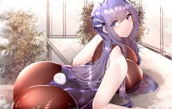 Rule 34 | 1girl, absurdres, ass, azur lane, bent over, bodystocking, breasts, cleavage, fake tail, highres, large breasts, leotard, long hair, looking back, new jersey (azur lane), new jersey (exhilarating steps!) (azur lane), official alternate costume, oversized breast cup, purple eyes, purple hair, purple leotard, rabbit tail, samip, see-through, see-through cleavage, solo, strapless, strapless leotard, tail, very long hair