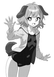 Rule 34 | 1girl, :d, animal ears, bright pupils, collarbone, cowboy shot, dog ears, dog tail, fang, greyscale, jacket, kasodani kyouko, long sleeves, monochrome, one-piece swimsuit, onkn sxkn, open clothes, open jacket, open mouth, revision, school swimsuit, short hair, simple background, smile, solo, swimsuit, tail, touhou, white background, white pupils