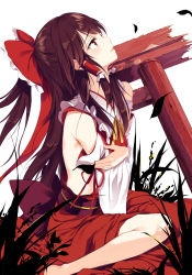 Rule 34 | 1girl, absurdres, bare shoulders, barefoot, brown hair, crossed arms, detached sleeves, eien no juu nana-sai, from side, hair ribbon, hair tubes, hakurei reimu, highres, japanese clothes, kimono, long hair, looking up, nontraditional miko, open mouth, red eyes, red kimono, red ribbon, ribbon, sitting, smile, solo, torii, touhou, very long hair, wariza, white sleeves, wide sleeves