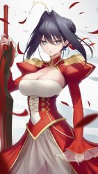 Rule 34 | 1girl, absurdres, ahoge, black hair, blue eyes, bow, bow earrings, breasts, cleavage, closed mouth, corset, cosplay, dress, earrings, epaulettes, falling petals, gold trim, hair intakes, highres, holding, holding sword, holding weapon, hololive, hololive english, jewelry, large breasts, looking at viewer, nero claudius (fate), nero claudius (fate) (all), nero claudius (fate/extra), nero claudius (fate/extra) (cosplay), ouro kronii, petals, red dress, short hair, signature, solo, somebody (leiking00), sword, virtual youtuber, weapon