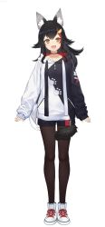 Rule 34 | 1girl, animal ear fluff, animal ears, asymmetrical clothes, black choker, black hair, black shorts, blush, brown pantyhose, choker, collarbone, copyright name, full body, hair ornament, hairclip, highres, hololive, hood, hoodie, izumi sai, long hair, long sleeves, looking at viewer, multicolored hair, official alternate costume, official art, ookami mio, ookami mio (casual), open mouth, pantyhose, paw print, paw print pattern, red hair, shoes, short shorts, shorts, sleeves past wrists, smile, sneakers, solo, straight-on, streaked hair, tail, tail wrap, virtual youtuber, white footwear, wolf ears, wolf girl, wolf tail, yellow eyes