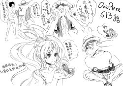 Rule 34 | 1boy, 1girl, abs, cheek bulge, cheek poking, cheese neko3, chinese text, cupping hands, earrings, eating, fish, fishman island, giant, giantess, greyscale, hair ornament, hair rings, hat, heart, hetero, jewelry, kiss, long hair, mermaid, monkey d. luffy, monochrome, monster girl, one piece, own hands together, poking, sandals, scar, shirahoshi, sketch, sleeping, straw hat, translated