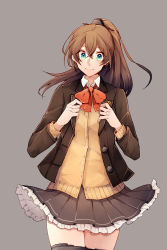 Rule 34 | 10s, 1girl, blue eyes, brown hair, brown skirt, brown thighhighs, cardigan, cowboy shot, frilled skirt, frills, grey background, high ponytail, highres, kantai collection, kumano (kancolle), long hair, looking at viewer, nan (nanyayyay), ponytail, school uniform, simple background, skirt, smile, solo, standing, thighhighs