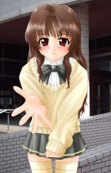 Rule 34 | 00s, 1girl, blush, bow, bowtie, brown hair, female focus, flat chest, long hair, morino ichigo, onegai teacher, onegai twins, outdoors, outstretched arm, outstretched hand, photo background, pleated skirt, reaching, school uniform, serafuku, skirt, sleeves past wrists, smile, solo, standing, sweater, thigh gap, thighhighs, thighs, wavy hair, yellow thighhighs, zettai ryouiki