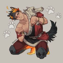 Rule 34 | 1boy, ancient greek clothes, animal ears, armlet, artist name, barefoot, black hair, black sclera, closed mouth, colored sclera, commentary, dog boy, dog ears, dog tail, english commentary, etceteraart, extra ears, full body, greco-roman clothes, green eyes, grey background, hades (series), hades 1, head tilt, heterochromia, highres, kemonomimi mode, laurel crown, leggings, looking to the side, male focus, mismatched sclera, nipples, paw pose, paw print, red eyes, red leggings, short hair, simple background, skull, solo, squatting, tail, zagreus (hades)