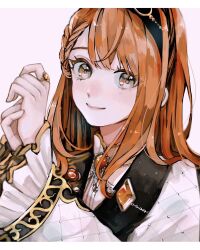 Rule 34 | 1girl, black hairband, braid, brooch, brown hair, chain, closed mouth, commentary, eyelashes, eyes visible through hair, frilled sleeves, frills, gem, gold trim, grey eyes, hair over shoulder, hairband, hanasato minori, hands up, happy, high collar, highres, ituki 112, jewelry, lapel pin, letterboxed, long sleeves, looking at viewer, loose hair strand, medium hair, orange brooch, orange gemstone, ornate ring, own hands clasped, own hands together, project sekai, ring, sideways glance, simple background, smile, solo, step by step! (project sekai), swept bangs, tareme, upper body, white background, wide sleeves