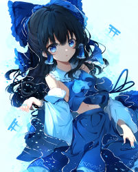 Rule 34 | 1girl, :o, absurdres, alternate color, arm up, bad id, bad pixiv id, bare shoulders, blue background, blue bow, blue eyes, blue hair, blue nails, blue neckwear, blue petals, blue shirt, blue skirt, blush, bow, breasts, collared shirt, cowboy shot, detached sleeves, frilled bow, frilled shirt collar, frilled skirt, frills, gradient background, hair between eyes, hair tubes, hakurei reimu, hand up, highres, huge filesize, in water, long hair, long sleeves, looking at viewer, nail polish, navel, open mouth, petals, petals on liquid, shangurira, shirt, sideboob, sidelocks, skirt, solo, torii, touhou, water