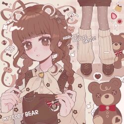Rule 34 | 1girl, aegyo sal, animification, billlie (group), blush, bow, brown bow, brown eyes, brown leg warmers, brown nails, brown overalls, brown shirt, brown shorts, cake, character name, commentary, copyright name, drawn ears, food, fruit, heart, highres, k-pop, looking at viewer, o bianyi didi shu o, osato haruna, overall shorts, overalls, parted lips, real life, shirt, shorts, solo, speech bubble, spoken heart, strawberry, streamers, stuffed animal, stuffed toy, symbol-only commentary, teddy bear