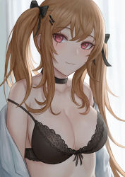 Rule 34 | 1girl, :3, bare shoulders, black bow, black bra, black choker, blush, bow, bra, breasts, brown hair, choker, cleavage, closed mouth, collarbone, girls&#039; frontline, hair bow, hair ornament, highres, large breasts, long hair, looking at viewer, off shoulder, red eyes, scar, scar across eye, scar on face, selcky, smile, solo, twintails, ump9 (girls&#039; frontline), underwear, upper body