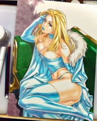 Rule 34 | 1girl, animification, ass, bare shoulders, blonde hair, blue corset, blue eyes, blue footwear, blue jacket, blue lips, blue panties, boots, breasts, cleavage, collarbone, corset, couch, elbow gloves, emma frost, fur-trimmed jacket, fur trim, gloves, half-closed eyes, hand on own head, highres, jacket, lipstick, looking at viewer, makeup, marker (medium), marvel, medium breasts, navel, paintbrush, panties, pencil, photo (medium), skindentation, solo, straight hair, strapless, tateo retsu, thigh boots, traditional media, underwear, unworn jacket, x-men