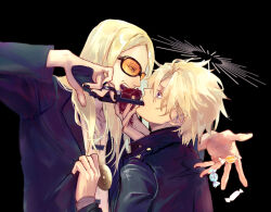 Rule 34 | 2boys, black background, blonde hair, blood, blood on hands, blue eyes, candy, clothes grab, daybit sem void, fangs, fate/grand order, fate (series), feeding, food, gun, gun in mouth, halo, hand on another&#039;s chest, heart, highres, jacket grab, jewelry, killerwhale000, long hair, male focus, medallion, multiple boys, necklace, simple background, sunglasses, sweets, tezcatlipoca (fate), upper body, weapon