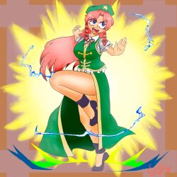 Rule 34 | absurdres, bad anatomy, black footwear, blue eyes, breasts, chinese clothes, cuchu, dress, green dress, hat, highres, hong meiling, large breasts, legs, light, red hair, simple background, smile, star (symbol), thick thighs, thighs, thunder, touhou, watermark