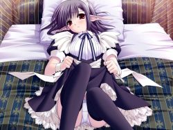 Rule 34 | 1girl, bed, blush, clothes lift, game cg, indoors, lying, maid, on back, panties, pointy ears, skirt, skirt lift, solo, suzuhira hiro, tagme, thighhighs, underwear