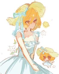 Rule 34 | 1girl, :3, bare arms, bird, blonde hair, blue bow, bow, chibi, closed mouth, collarbone, don quixote (project moon), dress, flower, hat, hat bow, highres, limbus company, liyln02617464, project moon, short hair, simple background, smile, solo, straw hat, sundress, white background, white dress, white flower, yellow eyes