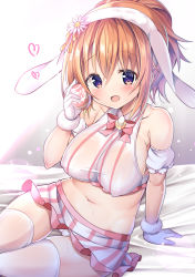 Rule 34 | 1girl, :o, armpit crease, bare shoulders, bow, bowtie, brooch, cameltoe, covered erect nipples, crop top, detached sleeves, egg, gloves, gochuumon wa usagi desu ka?, highres, holding, hoto cocoa, jewelry, kurou (quadruple zero), long hair, looking at viewer, midriff, miniskirt, navel, open mouth, orange hair, panties, purple eyes, see-through, shirt, skindentation, skirt, solo, stomach, striped clothes, striped skirt, sweat, thighhighs, underwear, white gloves, white panties, white shirt, white skirt, white thighhighs