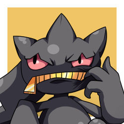 Rule 34 | banette, commentary request, creatures (company), game freak, gen 3 pokemon, looking away, lowres, mouth pull, nintendo, no humans, orange background, pokemon, pokemon (creature), shuga (mhwii), solo, upper body, zipper pull tab