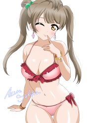 Rule 34 | 1girl, absurdres, alternate hairstyle, artist name, azuresakura, bikini, bow, bow bikini, bracelet, breasts, brown hair, cleavage, closed mouth, commentary, earrings, finger to mouth, frilled bikini, frills, hair bobbles, hair ornament, hair up, halterneck, highres, jewelry, long hair, looking at viewer, love live!, love live! school idol project, medium breasts, minami kotori, navel, one eye closed, pink bikini, signature, simple background, sitting, smile, solo, swimsuit, thigh gap, twintails, white background