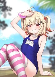 Rule 34 | 1girl, absurdres, ahoge, arm up, aruru rosario, beach, blonde hair, blue one-piece swimsuit, bracelet, breasts, cloud, collarbone, colored tips, covered navel, cross hair ornament, hair ornament, heart, heart hair ornament, highres, indie virtual youtuber, jewelry, multicolored hair, ocean, one-piece swimsuit, orange hair, pink thighhighs, red eyes, red nails, school swimsuit, shadow, shore, sky, small breasts, smile, solo, sparkle, striped clothes, striped thighhighs, swimsuit, thighhighs, two-tone thighhighs, two side up, valefal coneri, virtual youtuber, water, white thighhighs