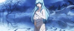 Rule 34 | 1girl, animated, animated gif, blue hair, bouncing breasts, breasts, cleavage, dress, iconic field, japan animator expo, large breasts, long hair