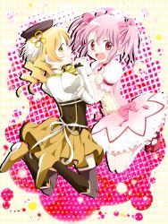 Rule 34 | 10s, 2girls, :d, bad id, bad pixiv id, beret, blonde hair, blush, boots, bubble skirt, drill hair, fingerless gloves, gloves, hat, highres, holding hands, jumping, kaname madoka, magical girl, mahou shoujo madoka magica, mahou shoujo madoka magica (anime), multiple girls, open mouth, pink eyes, pink hair, profile, puffy sleeves, sayaka (ponkichi), short hair, skirt, smile, star (symbol), thighhighs, tomoe mami, twintails, white gloves, yellow eyes