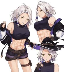 Rule 34 | 1girl, abs, closed eyes, crop top, detached sleeves, english text, fingerless gloves, gloves, hair ribbon, hat, highres, jacket, kamu (kamuuei), looking at viewer, looking to the side, muscular, muscular female, open clothes, open jacket, orange eyes, original, playing with own hair, ribbon, solo, turtleneck, vest, white background, white hair, witch hat